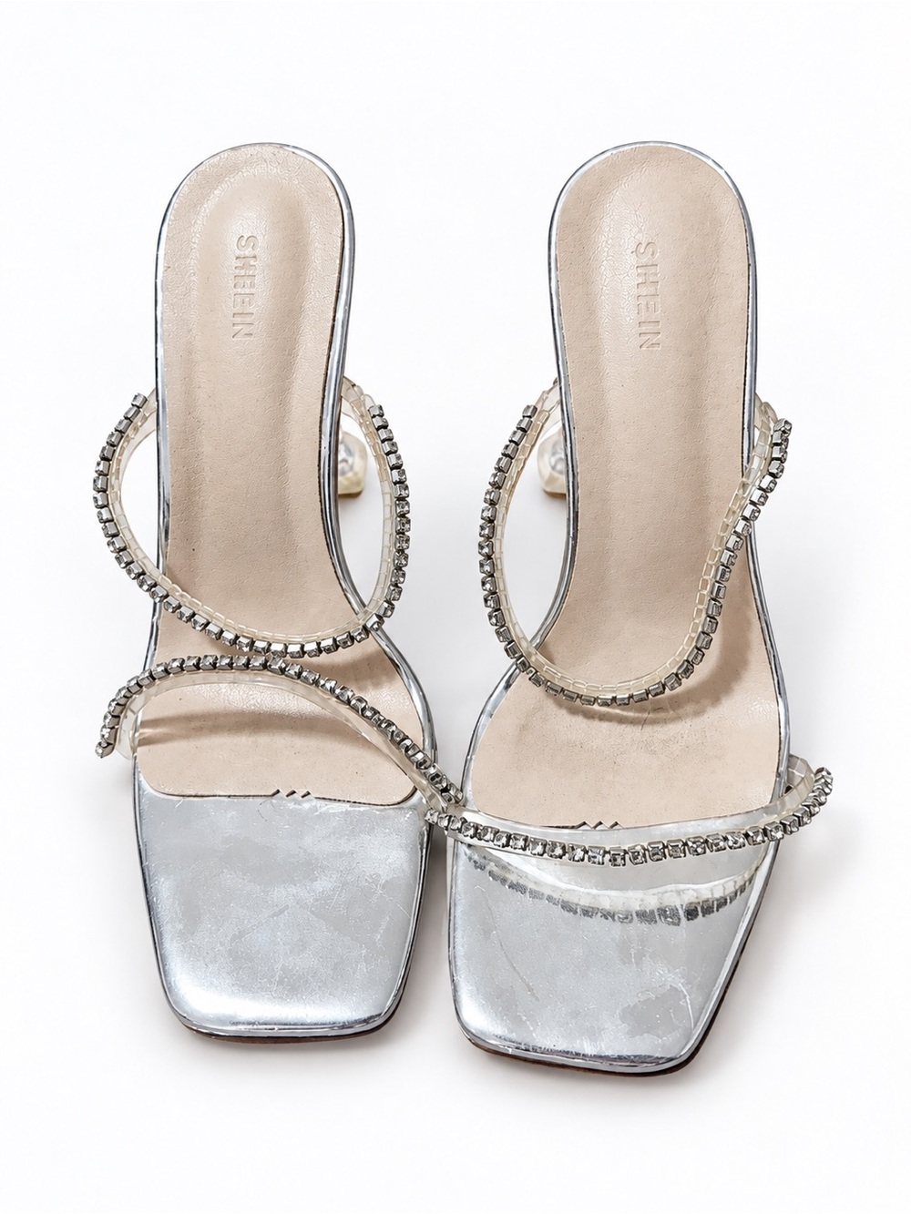 SHEIN Silver Rhinestone Double-Strap Slide Square-toe Heels Sandals Size 50